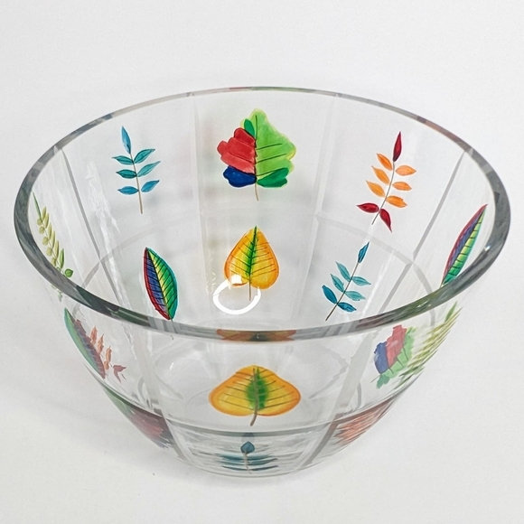 Romanian Crystal Bowl Hand Painted & Etched Leaves Beveled Squares Colorful Deco - Picture 15 of 16